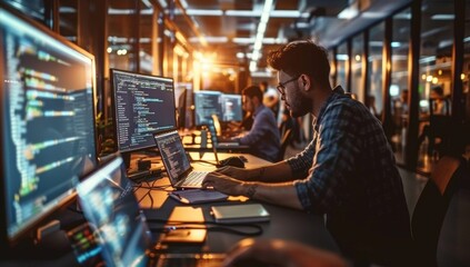 A man is sitting at a desk with multiple computer monitors in front of him