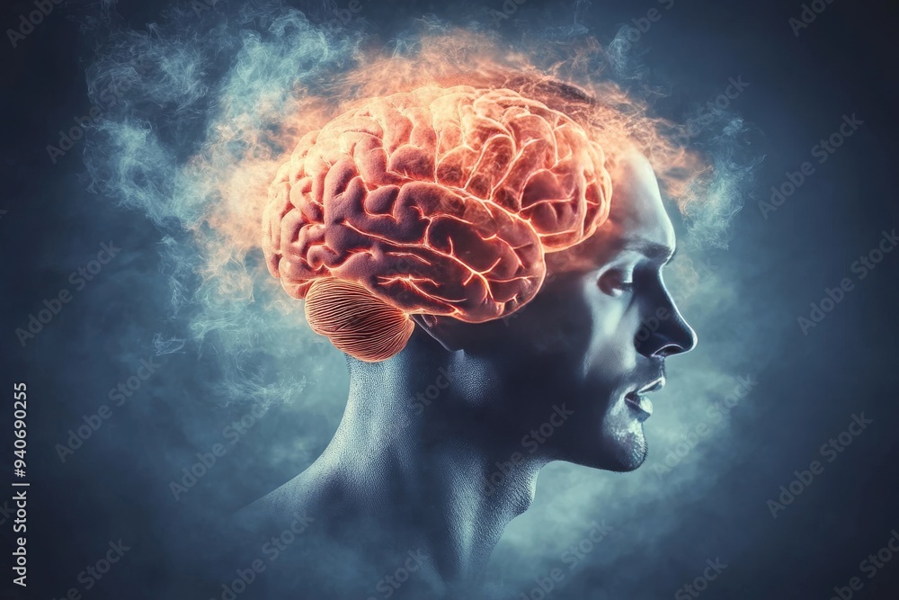 Poster surreal profile of a man with a fiery brain symbolizing the intense power of thought creativity and 