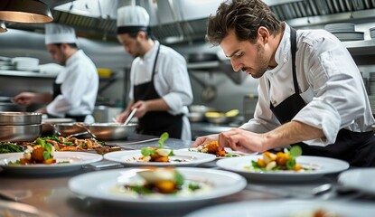 A chef is preparing food in a kitchen with other chefs
