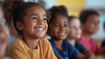 Fototapeta premium Diverse Group of Young Students Smiling in Classroom, Engaged in Learning