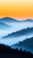 Obraz premium Serene mountain landscape at dawn with layered mist and a vibrant orange sky, perfect for nature and landscape photography enthusiasts.