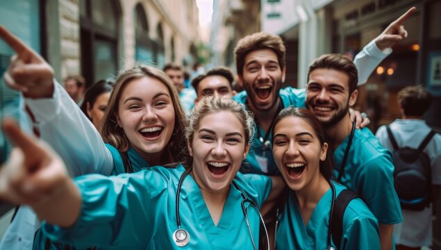 A group of people in blue scrubs are smiling and pointing their fingers