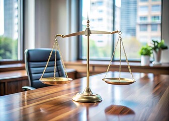 Scale of justice on office desk. Balance and fairness in workplace