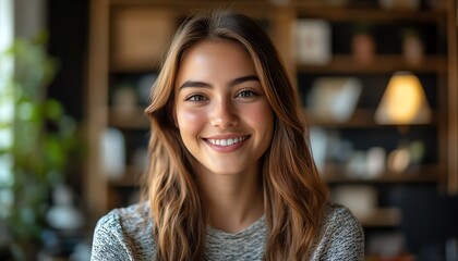Cheerful young woman on a virtual video call for remote work, emphasizing flexibility and a positive work culture with a professional homeoffice background