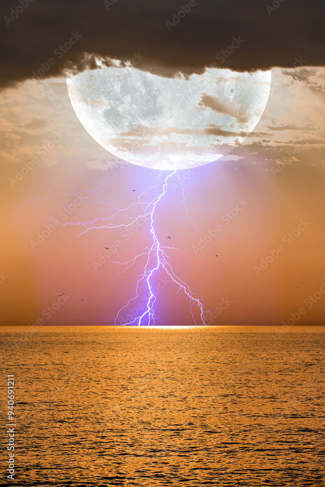 Poster lightning coming from the moon to the earth - night sky with full moon and lightning in the clouds o