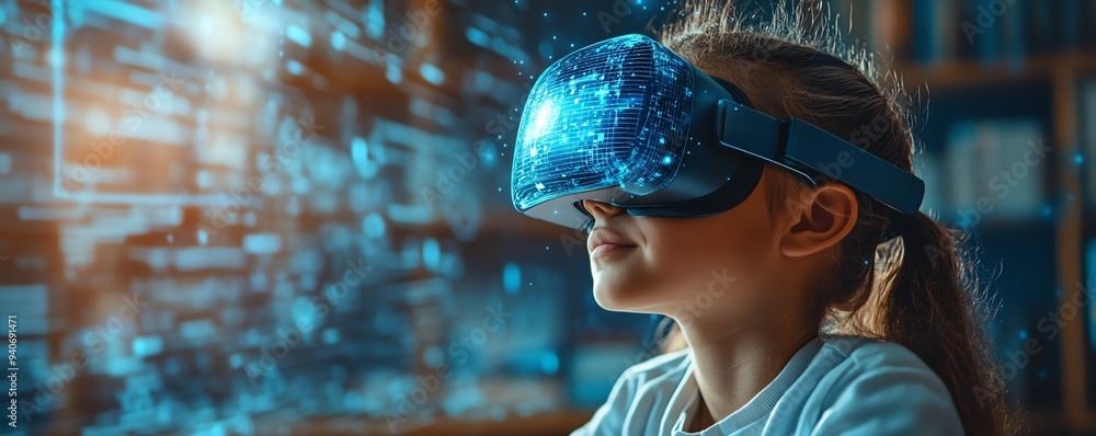 Poster classroom setting with a school student using vr headset for ai and machine learning, highlighting i