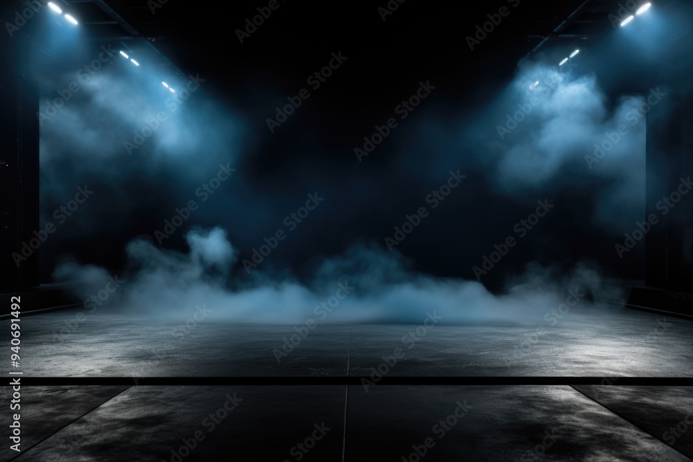 Poster dark stage with neon lights empty scene for product display.