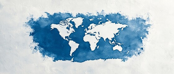  A blue and white world map on a white background with a blue dot at its center