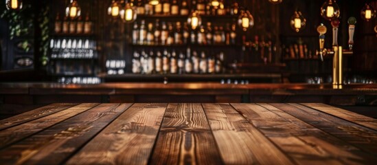 Obraz premium A bar with a wooden counter and a few bottles on it