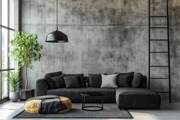 Loft style of modern apartment with grey design sofa, black coffee table, black ladder, pedant lamp, carpet, wooden decoration and elegant accessories . Concrete grunge wall. Template , ai