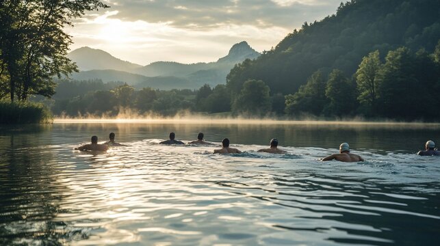 A group of swimmers training together in a serene lake, illustrating teamwork and determination in marathon swimming