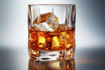 Close up shot of whisky on the rocks with ice cubes.