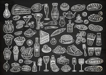 A black and white drawing of various food items and drinks, including wine, beer