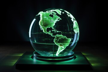 Laser engraved world map in glass globe with neon light.