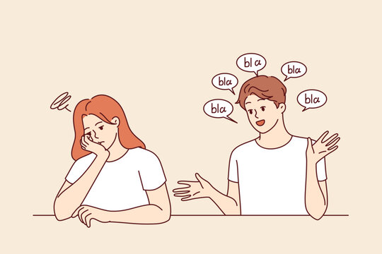 Chatterbox man causes discomfort to woman who does not want to listen to boyfriend empty words and fantasies. Girl upset by chatterbox showing lack of empathy in relationship with wife
