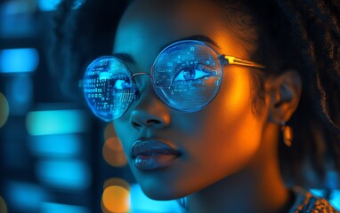 Female African American IT specialist reviewing holographic data on AI cyber security threats, with a blue and orange color scheme, highlighting augmented reality and AI technology