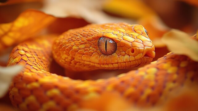 Close-up of an orange snake coiled in natural surroundings