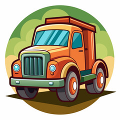 Orange Cartoon Truck with Green and Yellow Landscape Background