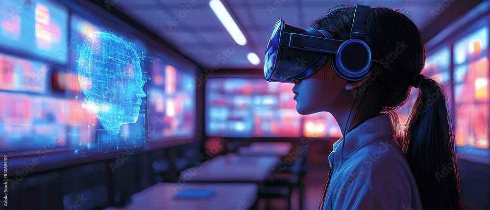 Poster futuristic classroom with a school student wearing a vr headset, engaged in ai technology and machin