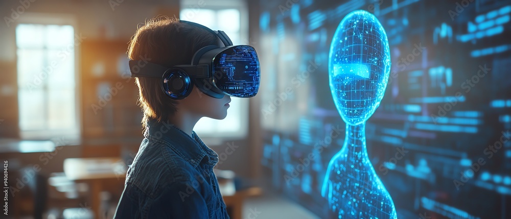 Poster futuristic classroom with a school student wearing a vr headset, engaged in ai technology and machin