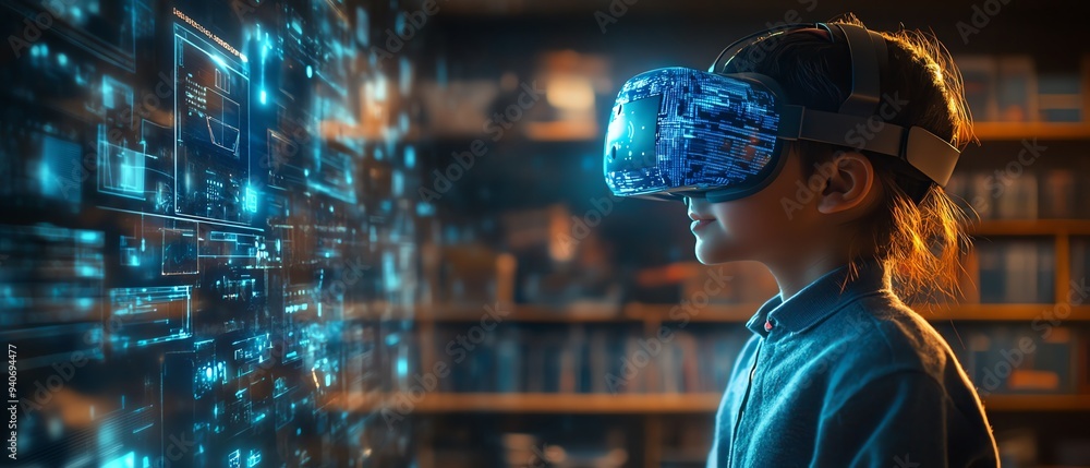 Poster futuristic classroom with a school student wearing a vr headset, engaged in ai technology and machin