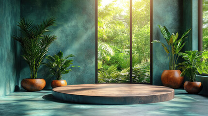 Obraz premium A 3D product setup using a plant podium, emphasizing the connection between the product and nature for a holistic and sustainable appeal.