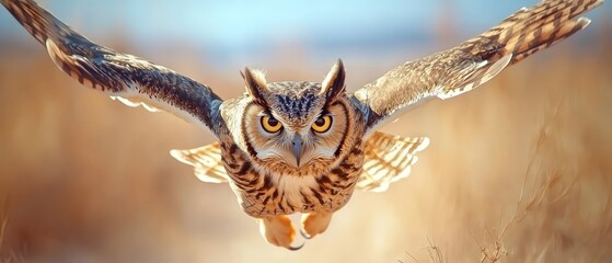  An owl flies through the air with its wings spread wide and large, unblinking eyes gazing intently