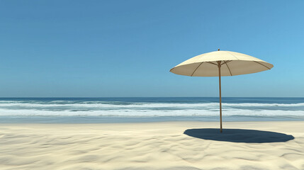 Scenic beach with a single umbrella on a sandy shore under a clear blue sky, perfect for a peaceful seaside escape