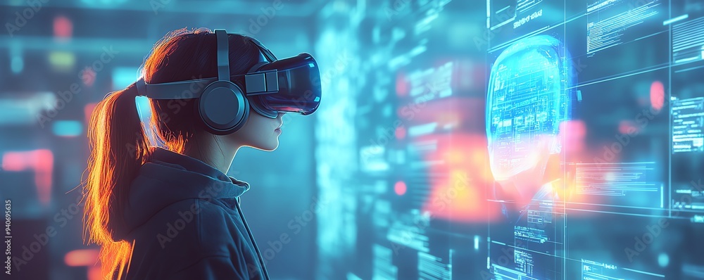Poster interactive education scene with a student wearing a vr headset, utilizing ai and machine learning t