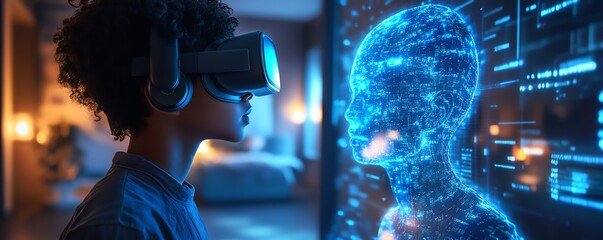 Interactive education scene with a student wearing a VR headset, utilizing AI and machine learning technology in the classroom, with a futuristic blue AI hologram