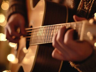 Fototapeta premium Person playing an acoustic guitar in warm ambient lighting