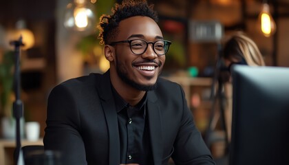 Fototapeta premium Medium shot of a smiling African American man in glasses and a black suit conversing with an unrecognizable female guest at a table during a podcast session in a studio