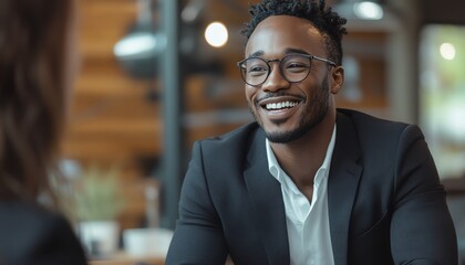 Fototapeta premium Medium shot of a smiling African American man in glasses and a black suit conversing with an unrecognizable female guest at a table during a podcast session in a studio