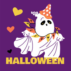 Poster with a nice Ghost in a fly agaric hat with a colorful garland of flags.