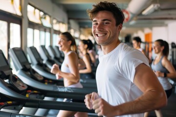 A man is running on a treadmill with a group of people