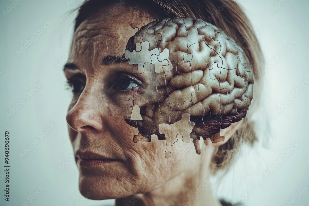 Poster a striking portrait of an elderly woman with a brain exposed representing the fragility of memory th