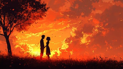 Fototapeta premium Eternal Embrace: A Romantic Silhouette at Sunset