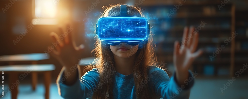Poster School student in a classroom using VR headset for AI and machine learning applications, showcasing interactive technology and innovation with a blue AI hologram