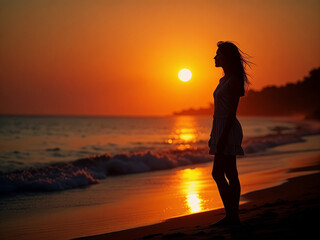 Fototapeta premium woman on the beach at sunset