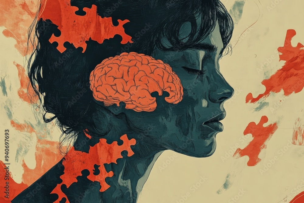 Aufkleber a thoughtful profile of a woman with puzzle pieces and a brain representing the complexity of though