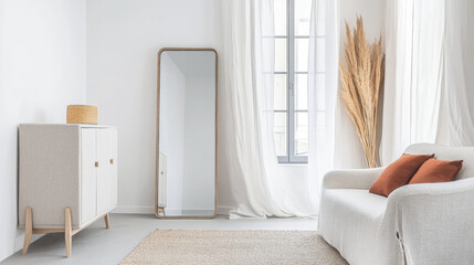 Minimalist living room interior design with a mirror next to a large window, neutral lighting and tones. Premium Real Estate interiors with copyspace.