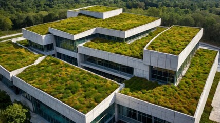 Eco-friendly building with green roofs in natural setting