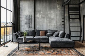 Loft style of modern apartment with grey design sofa, black coffee table, black ladder, pedant lamp, carpet, wooden decoration and elegant accessories . Concrete grunge wall. Template , ai