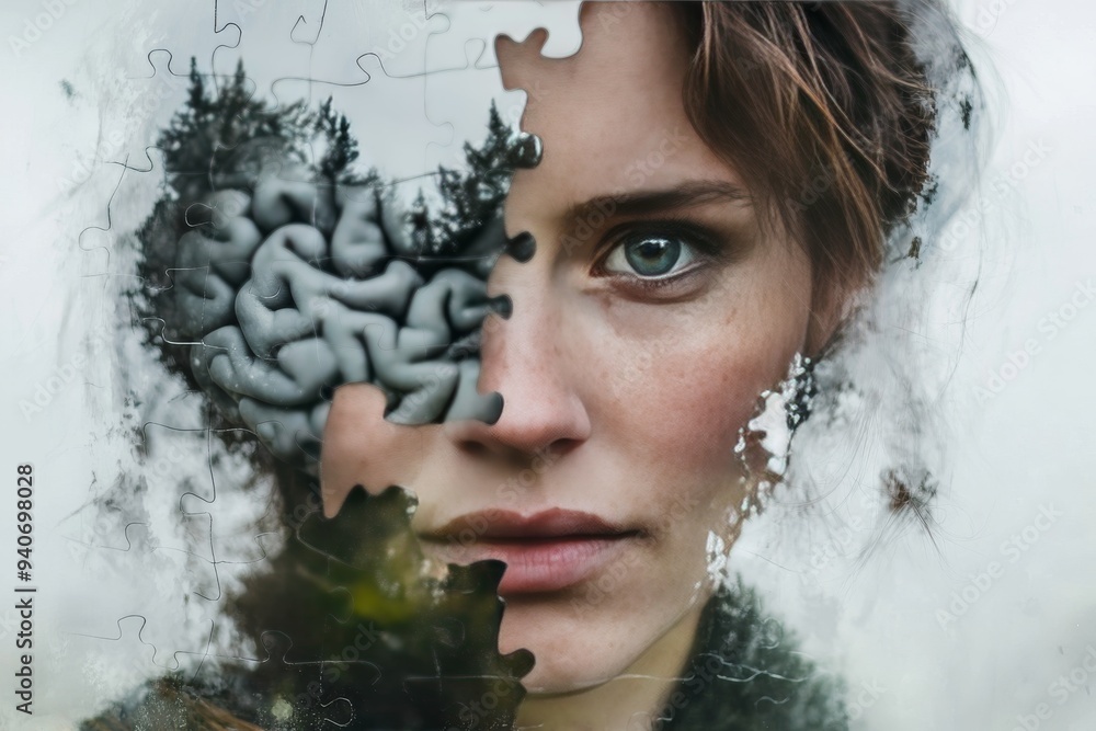 Poster a surreal portrait of a woman with half of her face transforming into puzzle pieces symbolizing the 