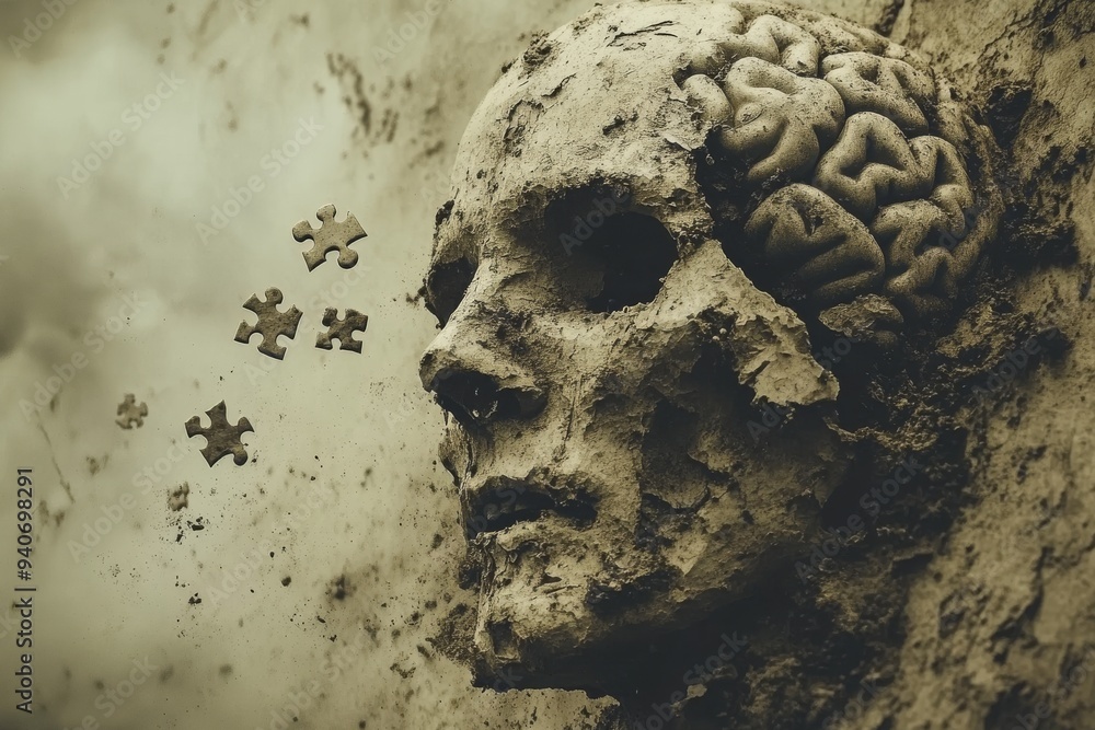 Poster a mysterious sculpture of a skull with a brain representing the fragility of life the complexity of 