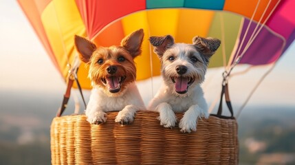 Two funny puppies are flying in a hot air balloon