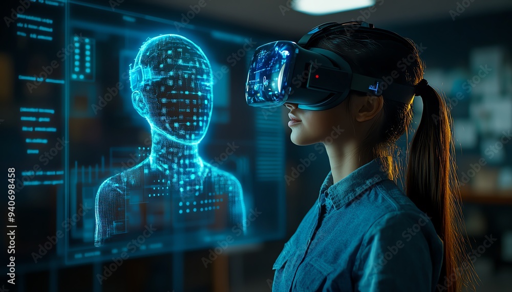 Fototapete Student in a classroom with a VR headset, exploring AI artificial intelligence and machine learning, featuring interactive technology and a blue hologram for smart education