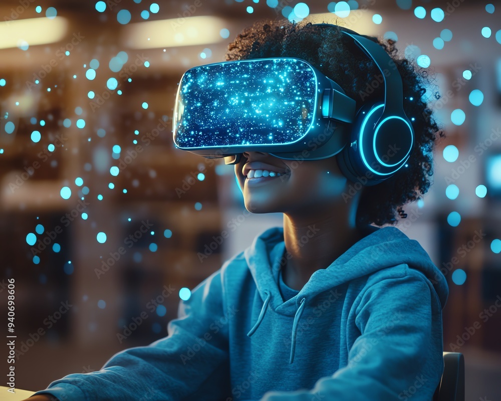 Poster Student with VR headset in a classroom, utilizing AI artificial intelligence technology and machine learning, highlighting interactive and smart tech with a blue hologram