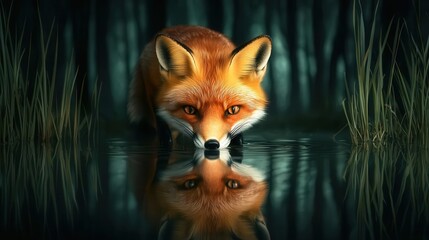 Fototapeta premium A fox drinking from a woodland pond, with trees reflected in the still water, surrounded by tall grass, soft lighting, tranquil and natural