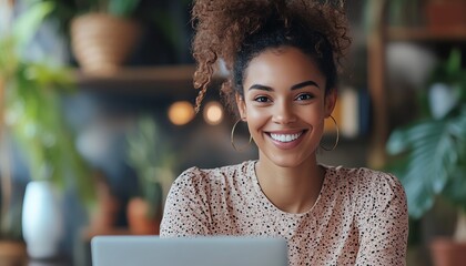 Young woman smiling while participating in a virtual video team meeting from home, highlighting remote work and flexible culture with a cheerful and professional setting
